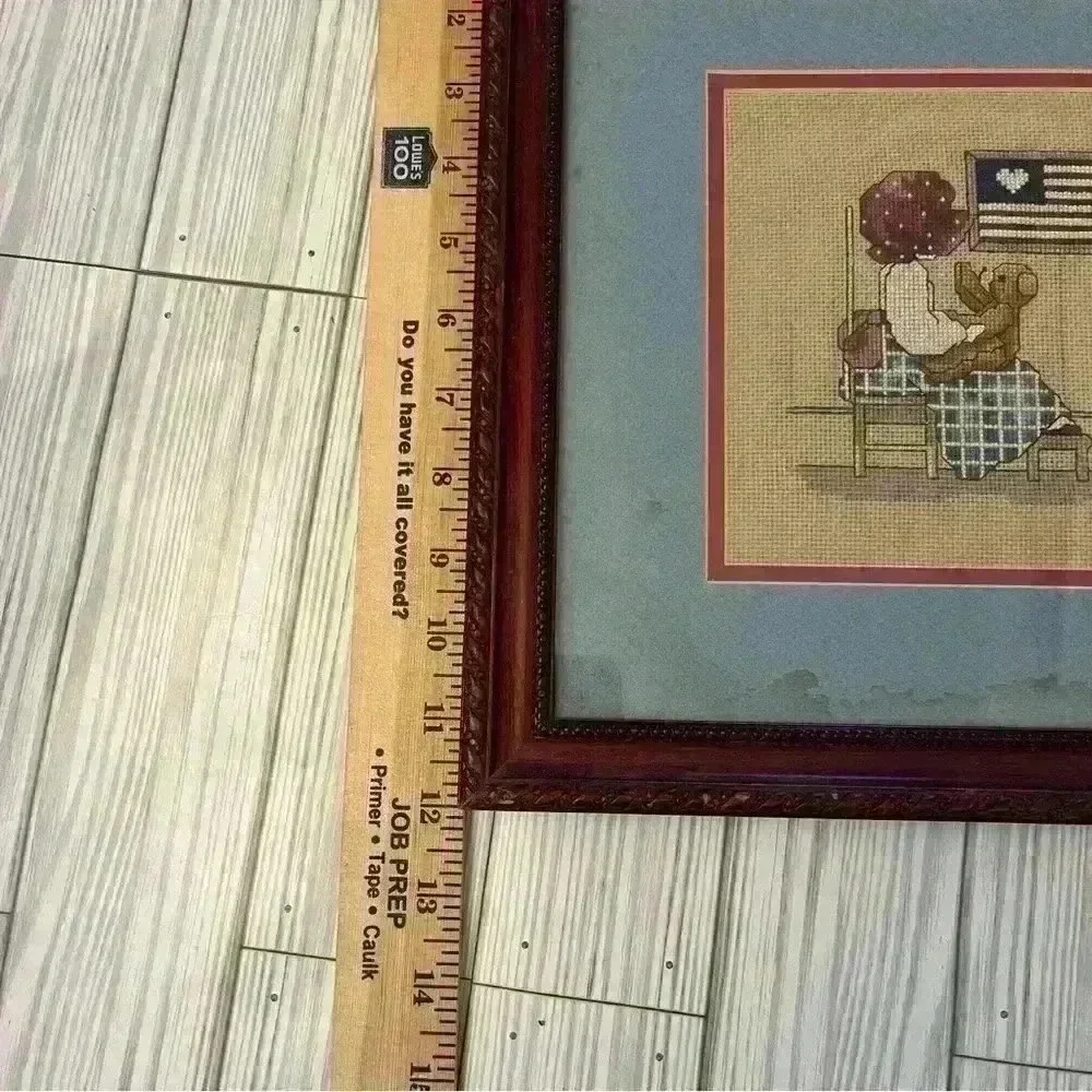 Framed Patriotic Teddy Bear Cross Stitch Embroidered Handmade